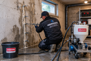 Injectarea unui rost de turnare din peretele unui beci